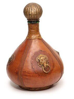 Vintage Italian Leather Wrapped Glass Decanter Lion Door Knocker Stopper Italy